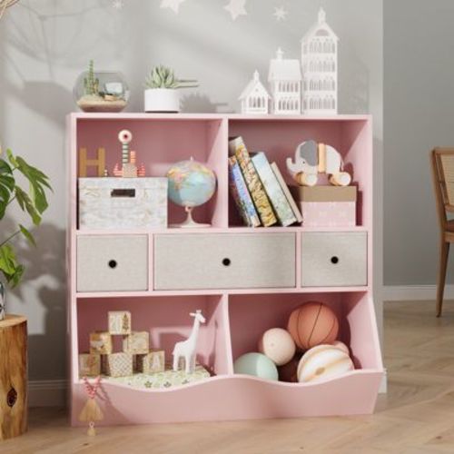Kids Bookshelf and Toy Storage Organizer – 3 Drawers, 7 Cubbies, Multi-Tier Bookcase Cabinet for Children’s Room, Playroom, Nursery, Kindergarten