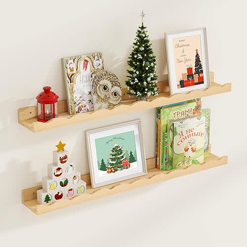 Fun Memories Picture Ledge Shelf for Wall, 36 inch Pine Wood Nursery Book Shelves Set of 2- Wall Book Shelves for Kids Room, Home Decor - Kitchen Spice-Natural