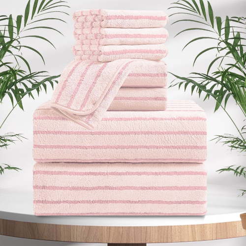 Jessy Home 8 Pcs Pink Bicolor bar Stripe Large Bath Towels Set 2 Oversized Bathroom Towels, 2 Hand Towels, 4 Washcloths