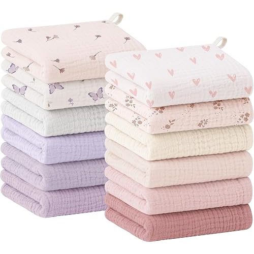 Bearmoss 12 Pack Baby Muslin Washcloths, 100% Cotton Soft Face Towels, 10"x10" Absorbent Bath Wash Cloths and Burp Cloths for Newborn Infants Kids Girls & Boys (Pink Purple)