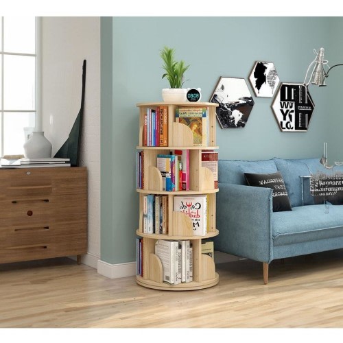 4-Tier Versatile Spacious Rotating Swivel Wooden Bookcase Bookshelves 129cm Natural Oak
