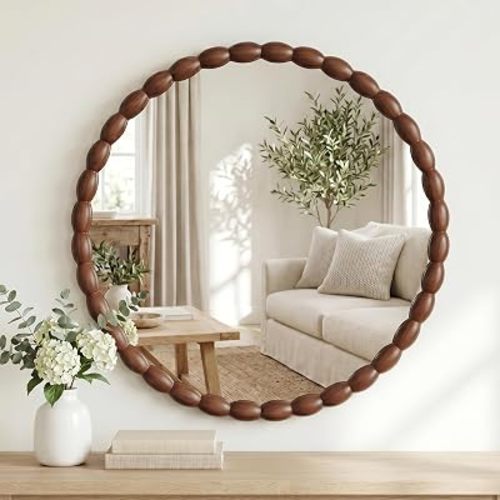 30"x30" Round Solid Wood Farmhouse Decorative Wall Mirror