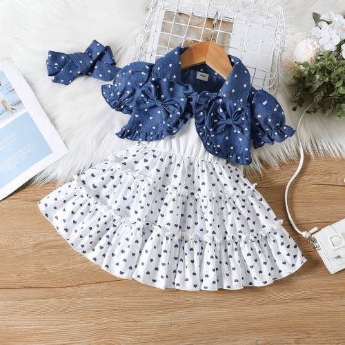 PatPat 3pcs Baby Girl 100% Cotton Allover Heart Print Puff-sleeve Denim Crop Top and Cami Dress & Headband Set