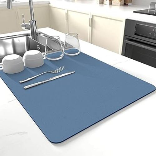 Dish Drying Mat for Kitchen Counter,Drying Mat for Dish Rack,Absorbent Hide Stain Rubber Mat,Coffee Mat, Kitchen Counter Mat (Blue, 12"x19")