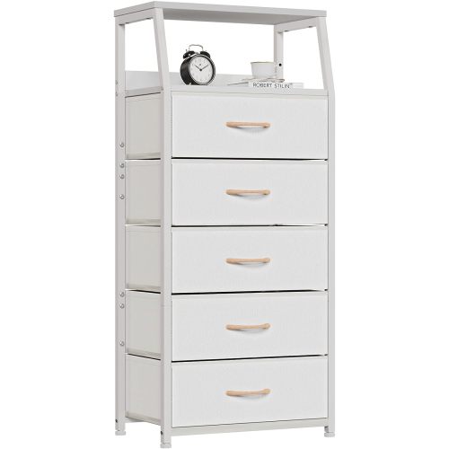 Furnulem White Dresser with 5 Drawers, Vertical Storage Tower Fabric Dresser for Bedroom, Hallway, Entryway, Nursery, Closet Organizer, Nightstand Bedside Table Furniture, Sturdy Steel Frame, Wood Top