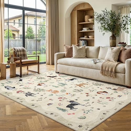 PureCozy 5x7 Living Room Area Rug Washable Floral Animal Bedroom Carpet Non Slip Low Pile Stain Resistant Rug Soft Beige Dog Printed Throw Floor Cover for Kitchen Office Dining Room