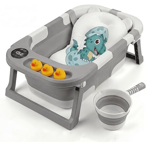 Collapsible Bathtub Baby for Infants & Newborns w/Thermometer, Drain Plug with Heat Sensor & Scoop – Compact Travel Baby Bath Space-Saving Bath for Travel, Shower & Small Bathrooms