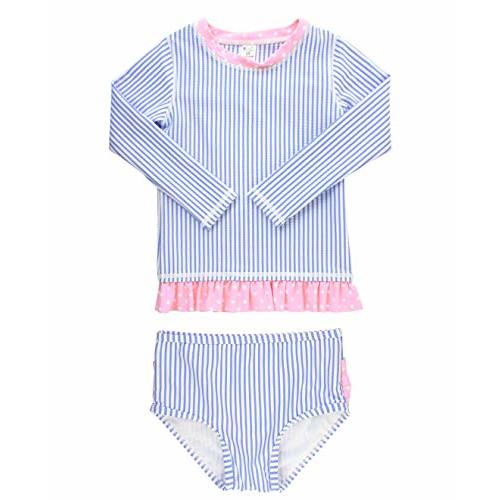 RuffleButts Baby Girls Seersucker - Rash Guard Bikini | UPF 50+ Sun Protection, Lightweight Fabric, Striped Pattern, 2-Piece Set, Boyshort Bottom, Ruffle Trim, Toddler Girl Swimsuit