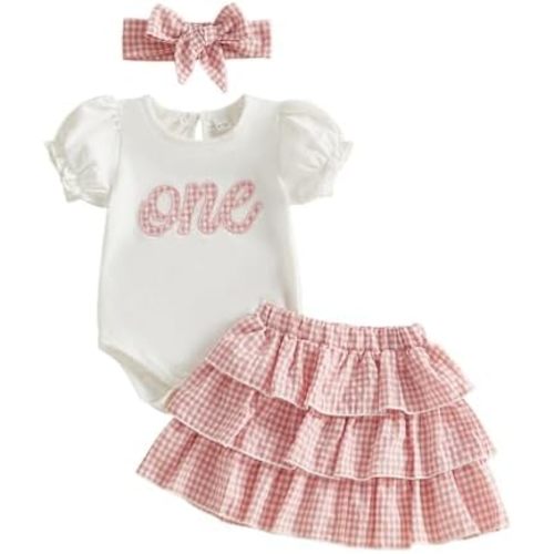 Amiblvowa Baby Girl Birthday Outfit Short Sleeve 1st One Year Old Embroidery Romper Plaid Skirt Set Headband Summer Clothes