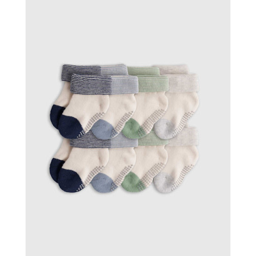 Quince Organic Gripper Fold Over Socks 8-Pack - Baby Boy in Navy/Light Blue/Green/Grey