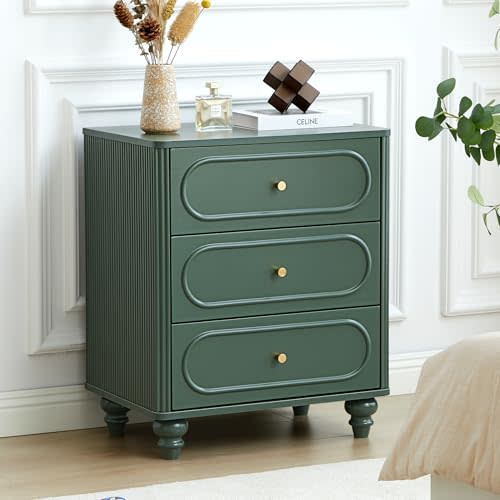 3 Drawer Fluted Dresser for Bedroom, Mid Century Modern Chest of Drawers, Wood Storage Small Dresser Organizer for Bedroom Living Room Hallway Closet, Green