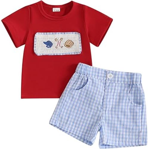 Fufuriprefer Toddler Baby Boy Summer Clothes Short Sleeve Embroidery Baseball T-shirt & Plaid Shorts Set 2 Piece Outfit