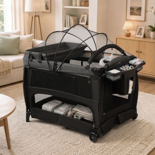 TODECARE 5-in-1 Baby Playard with Bassinet, Bedside Sleeper, Changing Table, Canopy & Side Zipper, Portable Baby Playard