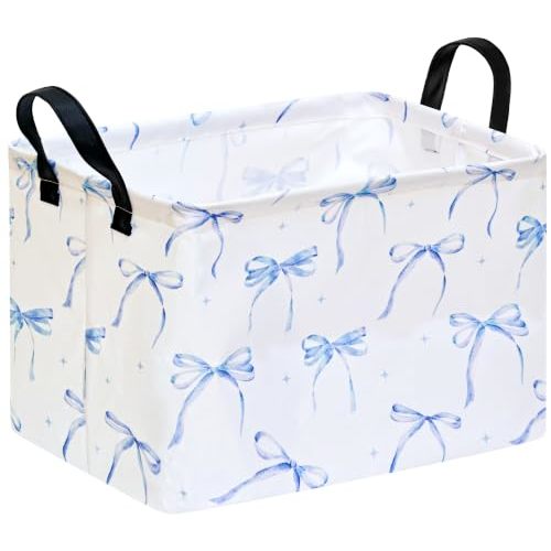 Blue Bow Storage Basket, Rectangle Closet Baskets Foldable Organizer Bin with Handles for Bedroom Nursery Home Office Dorm Room