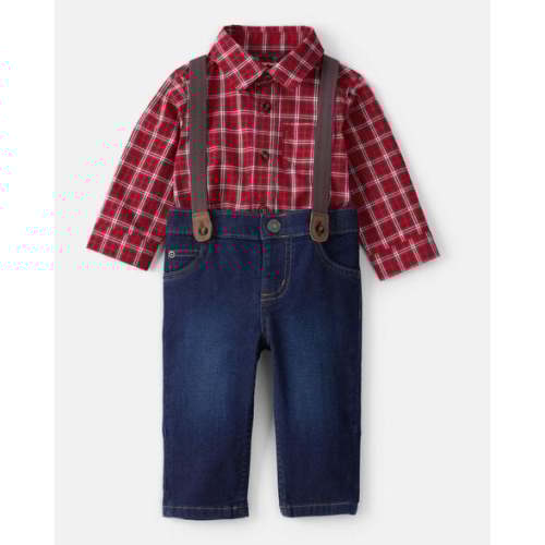 Baby Boy 3-Piece Plaid Print Long-Sleeve Shirt & Suspender Pant Set - Red/Denim - Carter's | Carter's