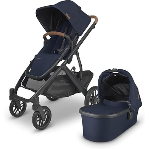 UPPAbaby Vista V2 Stroller / Convertible Single-To-Double System / Bassinet, Toddler Seat, Bug Shield, Rain Shield, and Storage Bag Included / Noa (Navy/Carbon Frame/Saddle Leather)