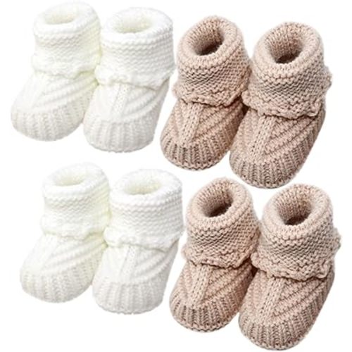 4 Pairs Baby Booties, Newborn Walking Shoes, Soft Cozy Shoes, Warm Knit Cotton Sock Booties for 0-12 Moths Old Baby Girl Boy