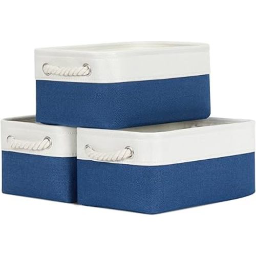 Bidtakay Small Storage Baskets for Shelves 3 Pack Fabric Storage Bins for Organizing Linen Collapsible Organizer for Closet-White&Blue