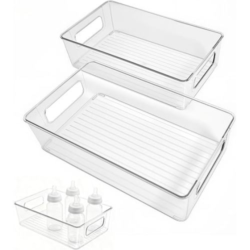 2Pack Clear Baby Bottle Organizer Portable Baby Bottle Storage Container for Cabinet,Drawer，Counter,Kitchen,Refrigerator-Portable Nursery Storage Plastic Baby Organizer