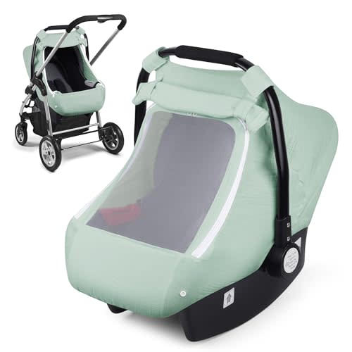 Muslin Car Seat Cover for Babies, Elstey Infant Carseat Canopy with Breathable Peep Window, Kick-Proof Baby Car Seat Covers for Boys Girls, Lightweight Newborn Carrier Cover Fit Summer