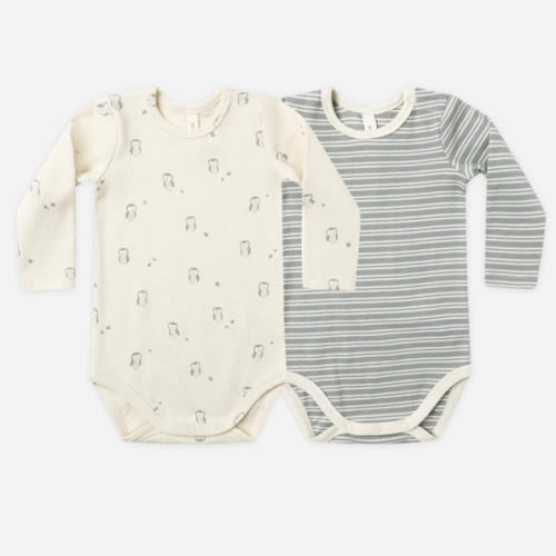Ribbed Bodysuit, 2 Pack || Steel Blue Micro Stripe, Owls – Quincy Mae