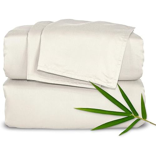 Pure Bamboo Queen Sheets, Genuine 100% Organic Viscose Derived from Bamboo Bed Sheet Set, Luxuriously Soft & Cooling, Double Stitching, 2 Year Quality Promise (Queen, Ivory)