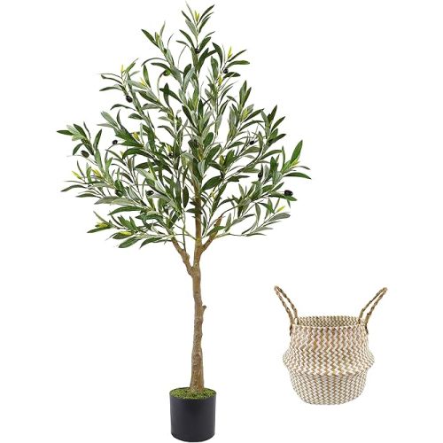 Artificial Olive Tree, 4ft Tall Fake Olive Leaves Plant with Basket, Indoor Outdoor Faux Olive Topiary Silk Tree for Home Livingroom Office Décor