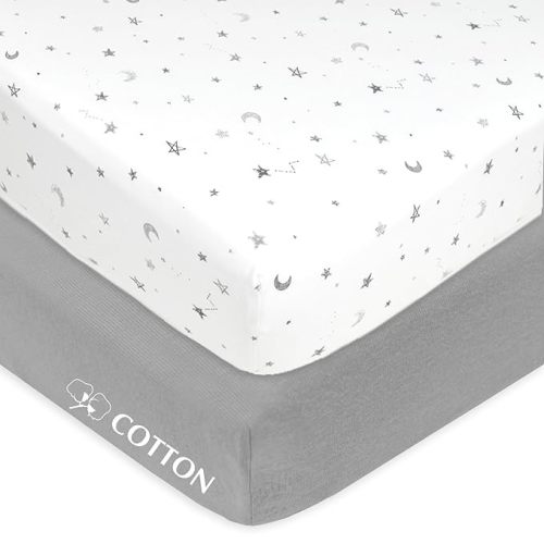 American Baby Company 2 Pack 100% Natural Cotton Fitted Crib Sheets 52" x 28" - Soft, Breathable, Hypoallergenic & Gentle Toddler Bed Sheets, Gray Stars and Gray, Neutral for Boys & Girls