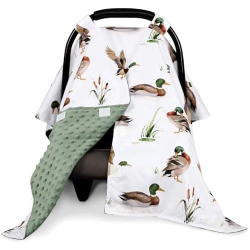 Green Car Seat Cover Baby Boy, Peekaboo Infant Car Seat Cover Summer, Multi-Use Newborn Carseat Canopy, Nursing Cover, Blanket, Mallard Duck