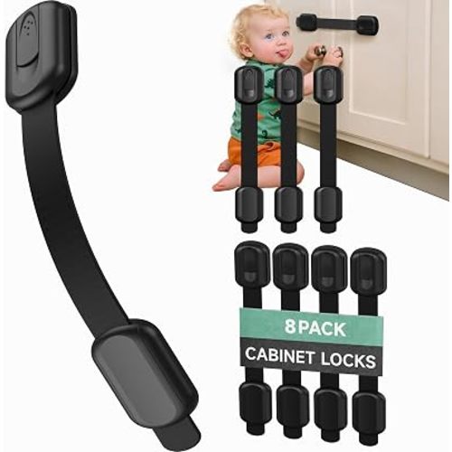 Infinno 8 Pack Cabinet Locks Baby Proofing Heavy Duty - Child Safety Cabinet Locks for Drawers, Cupboards & Fridge – No Drill 3M Adhesive Locks for Pets - Toddler Safety Latches-Black