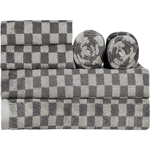 Checkered Bath Towels Set of 6 Large, 600GSM, 100% Cotton Shower Towels * 2 (55 * 28 in), Hand Towels * 4 (29 * 14 in),Towels for Bathroom、Pool、Hotel, Spa (Checkered Grey)