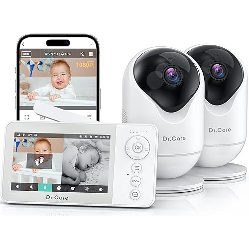 Dr.Care VistaView Lite RB Smart WiFi Baby Monitor with 2 Cameras - 4” 720P Split Screen & 1080P Camera App Control, Motion Alerts, 2500mAh Removable Battery, Night Vision, Multi-User, Triple Security