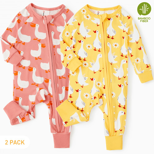 PatPat Bamboo Baby Pajamas, Snug Fit Zipper Rompers, Long-Sleeved Sleepwear, 0-24 Months, 2-Pack