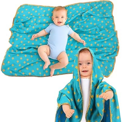 Oudain Swaddle Blanket Golden Edge Our Lady of Guadalupe Stars Swaddle 47" x 47" Cotton and Rayon Fiber Material Blue Green Two Color Soft Baby Muslin Cotton Blanket for Girls and Boys