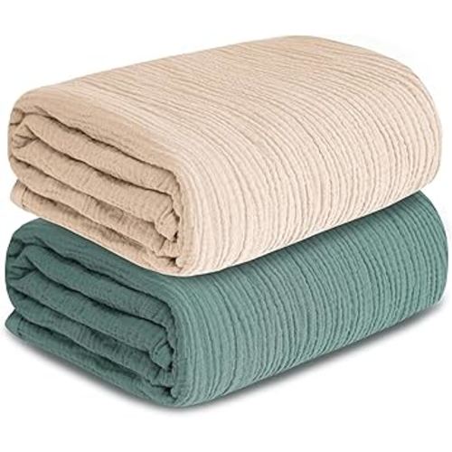 Muslin Swaddle Blankets for Newborn, 2 Pack Breathable Soft Receiving Blanket, Large 41 x 41 inches Swaddle Wrap Burping Clothes, Essentials Infant Shower Items. (Beige & Green)
