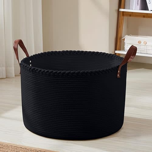 XLarge Round Cotton Rope Storage Basket Bin Organizer Laundry Hamper with Leather Handles, 21 x 21 x 14, Extra Large Blanket Woven Basket for Nursery - Black