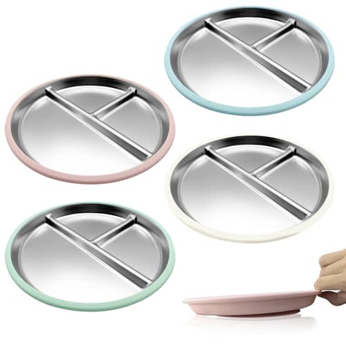 AestuWarm 4 Pack Stainless Steel Baby Suction Plates, 9 Inch Multicolor Divided Toddler Plates with Extra-Large One-Piece Silicone Suction Base | Baby, Toddler, Kids| Dinner & Snack Plates