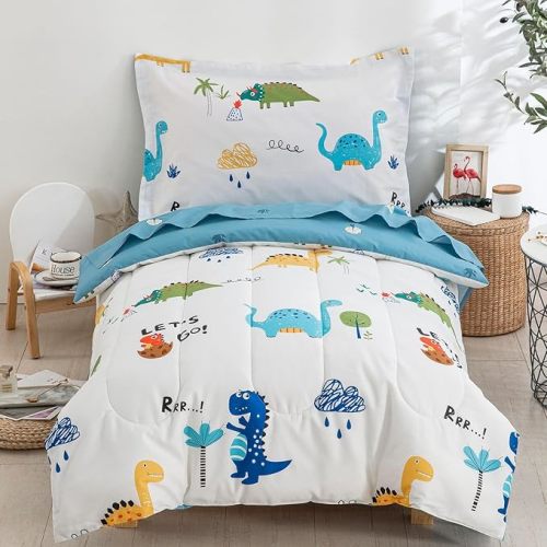 DJY Cotton Twin Bedding Set, Dinosaur Cars Reversible Twin Comforter Set for Kids Boys Girls, 4 Pieces Bed in a Bag Includes Quilted Comforter, Flat Sheet, Fitted Sheet and Pillowcase