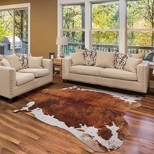 Terrug Cowhide Rug Western Decor, 6.2 x 5.2 Feet Premium Western Cow Print Rug, Large Faux Carpet for Living Room Bedroom Entryway Kitchen Hallyway Party Wall Home Decor, Brown