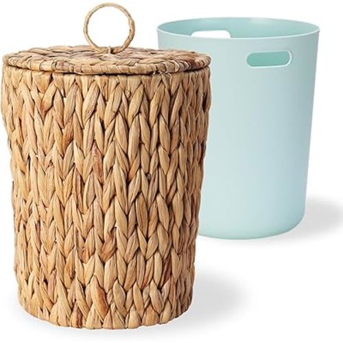 2.6 Gallon Wicker Trash Can with Lid and Removable Liner Bucket - Rattan Bathroom Garbage Can - Boho Hand Woven Water Hyacinth Wicker Waste Basket for Bathroom, Bedroom, Living Room, Home, Office