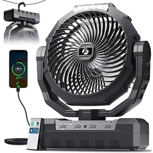 FRIZCOL 3-in-1 Camping Fan - Portable Fans Rechargeable - 48000mAh Battery Powered Fan with Light & Remote for Indoor, Outdoor, Tent, Travel, Fishing, Jobsite, Gifts for Men Dad Him - Black