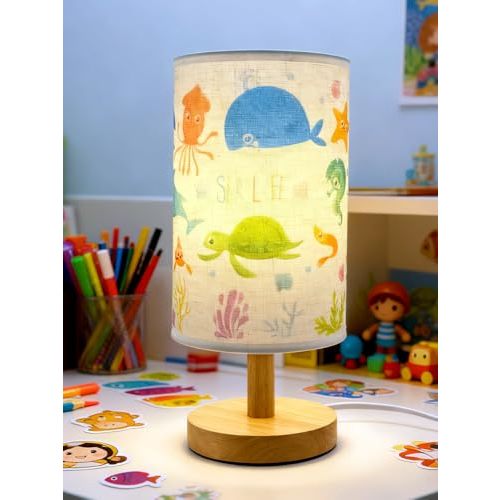 Kids Table Lamp for Bedroom Nightstand, Gift for Boys-3Color LED Bedside Reading Night Light whit Ocean Shade and Wood Base Christmas Decor Ocean Lamps for Kids Room, Living, Nursery for Sea Lovers