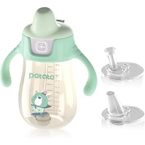 POTATO Sippy Cups For Toddlers with Straw Spill Proof, PPSU Learner Cup with Handle for Babies, Water Bottle for Baby 12 Months with 2 Type of Spout, 10 Ounce Green