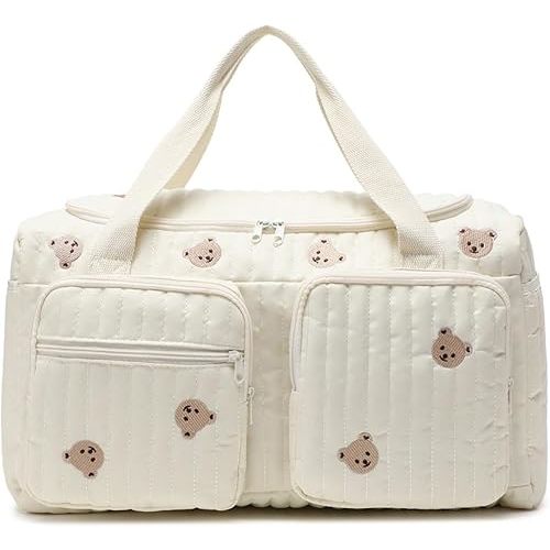 Quilted Diaper Bag Large Capacity Teddy Bear Pattern Cute Duffle Bag Portable & Lightweight for Hospital and Weekender Travel, 18.9x8.7x10.2in, Cute Duffle