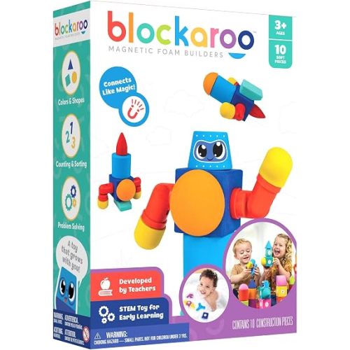 Blockaroo Magnetic Foam Building Blocks - 10-Piece Robot, Bath Toys for Toddlers, Preschool Toys, Bathtub Toys, Sensory Toys, Blocks for Toddlers 3-5, Engineering Toys for Kids 3-5, Bath Blocks