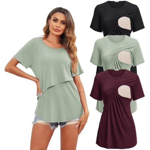 Ekouaer Women's Maternity Shirts Short Sleeves Nursing Tops 3 Pack Double Laye Breastfeeding Tees Pregnancy Clothes S-XXL