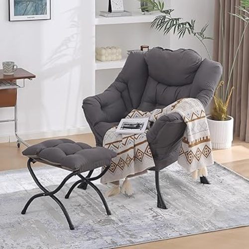 Lazy Chair with Folding Ottoman, Modern Accent Lounge Armchair with Armrests and a Side Pocket & Foldable Footstool, Leisure Reading Chair for Living Room, Bedroom, Dorm & Office, Dark Grey