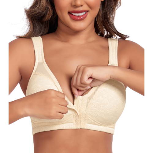 Exerin Women's Plus Size Front Closure Minimizer Bras Wireless Non Padded Comfort Back Support Bra(36DD,Beige)