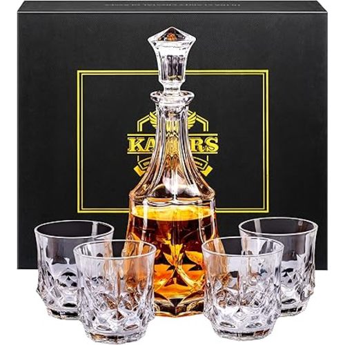 KANARS Whiskey Decanter Sets for Men, 25 Oz Liquor Decanter with 10 Oz Crystal Glasses in Luxury Box for Bourbon Scotch Rum Tequila Vodka, Whisky Gifts for Birthday New Year Father's Day