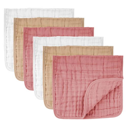 Muslin Burp Cloths 6 Pack - 20" x 10" - Ultra Soft & Absorbent, 100% Cotton for Spit Up & Drool- Gentle Baby Burping Cloth, Newborn Boys Girls Essentials, 2 White,2 Beige,2 Pink
